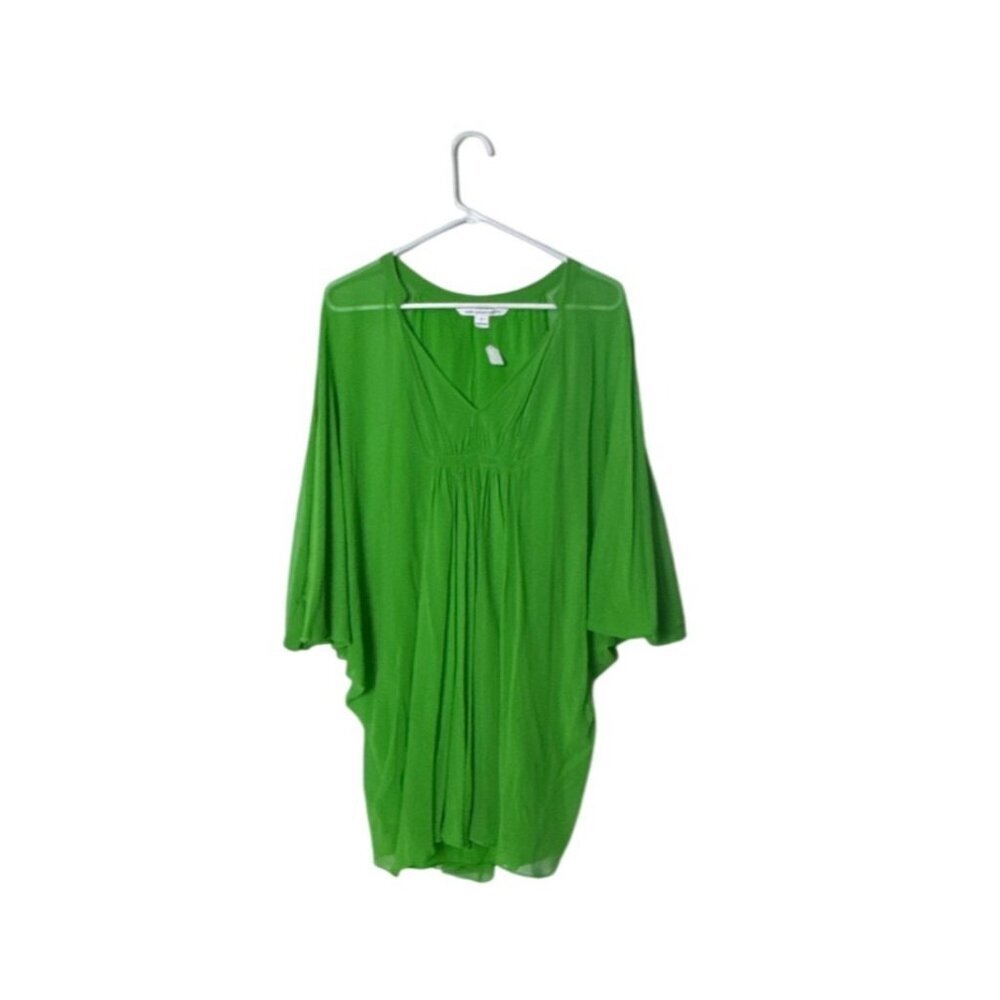Diane Von Furstenberg Green Sheer Batwing Dress Womens Size 6 V-Neck Flowing Des